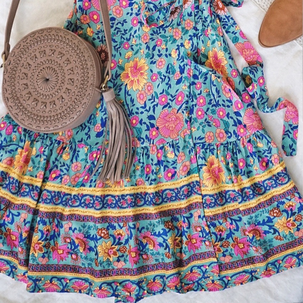 Turquoise Floral Boho Ruffle Mini Wrap Dress S M L - Picture 5 of 5